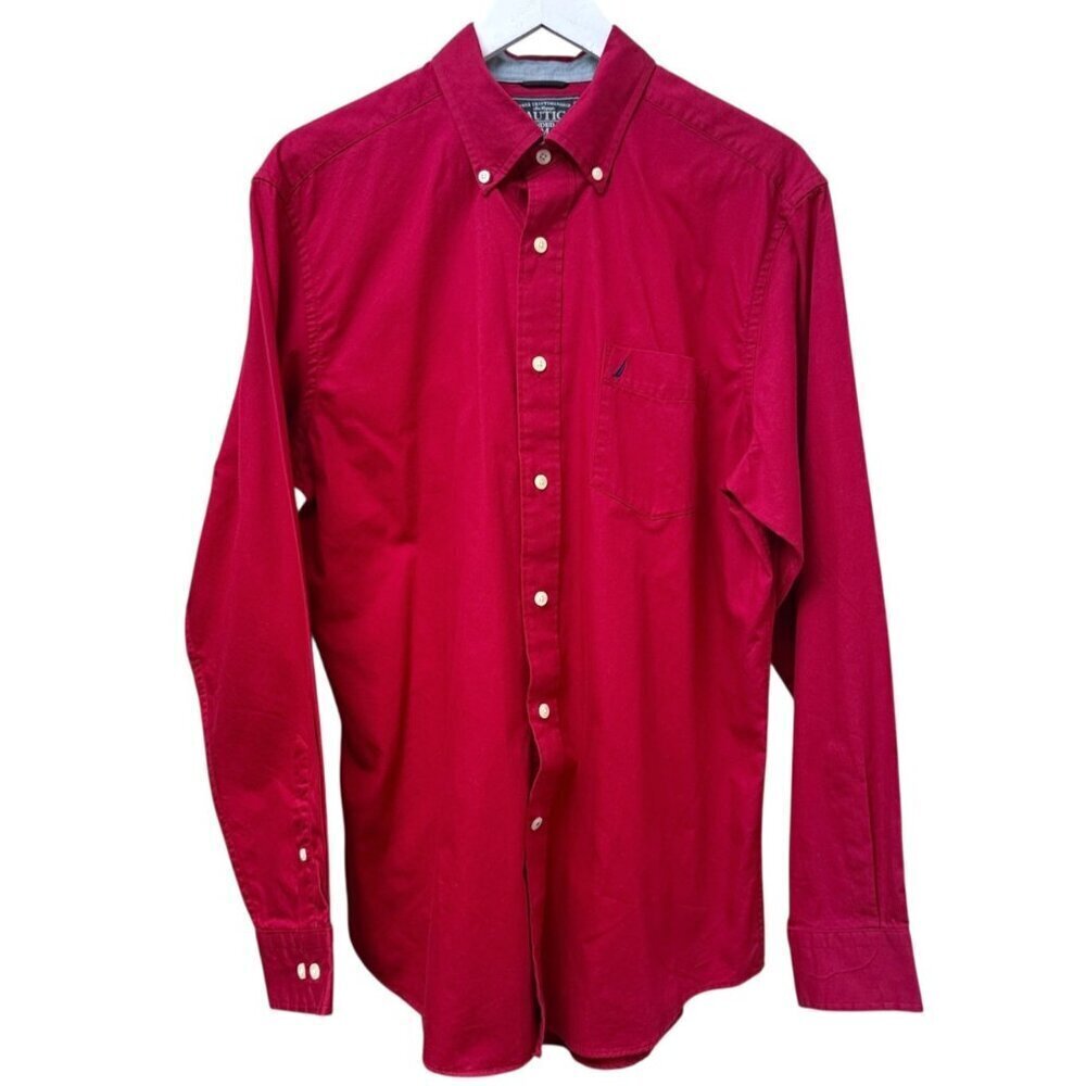 NAUTICA Mens Shirt Medium Red 100% Cotton Long Sleeve Button Up Holiday Preppy